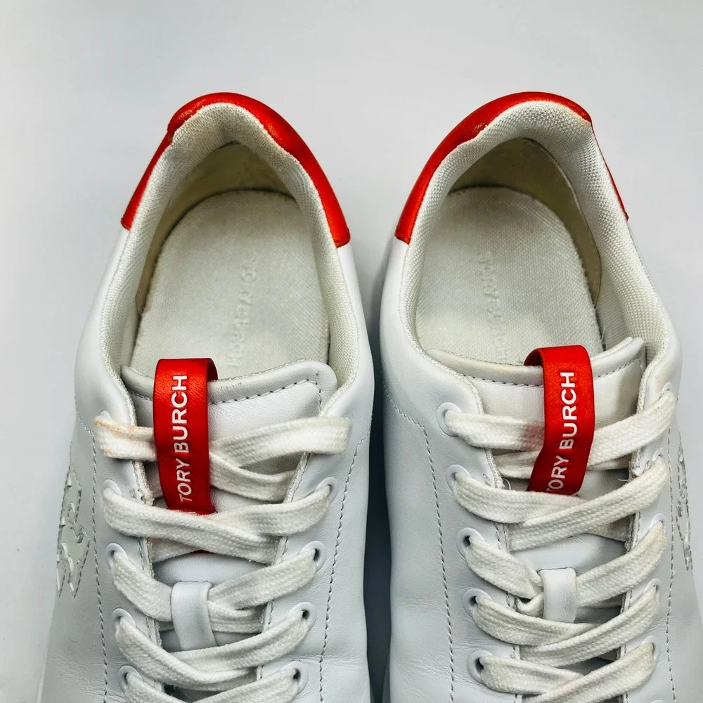 Tory Burch Double T Howell Court Sneaker Women 9 White Red Leather Designer Shoe